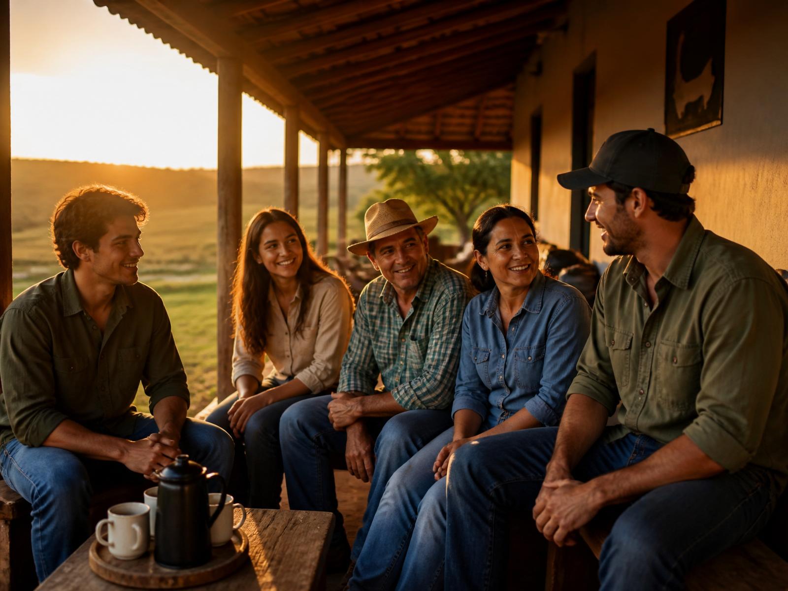 Conversa entre gerações da família rural na varanda ao entardecer