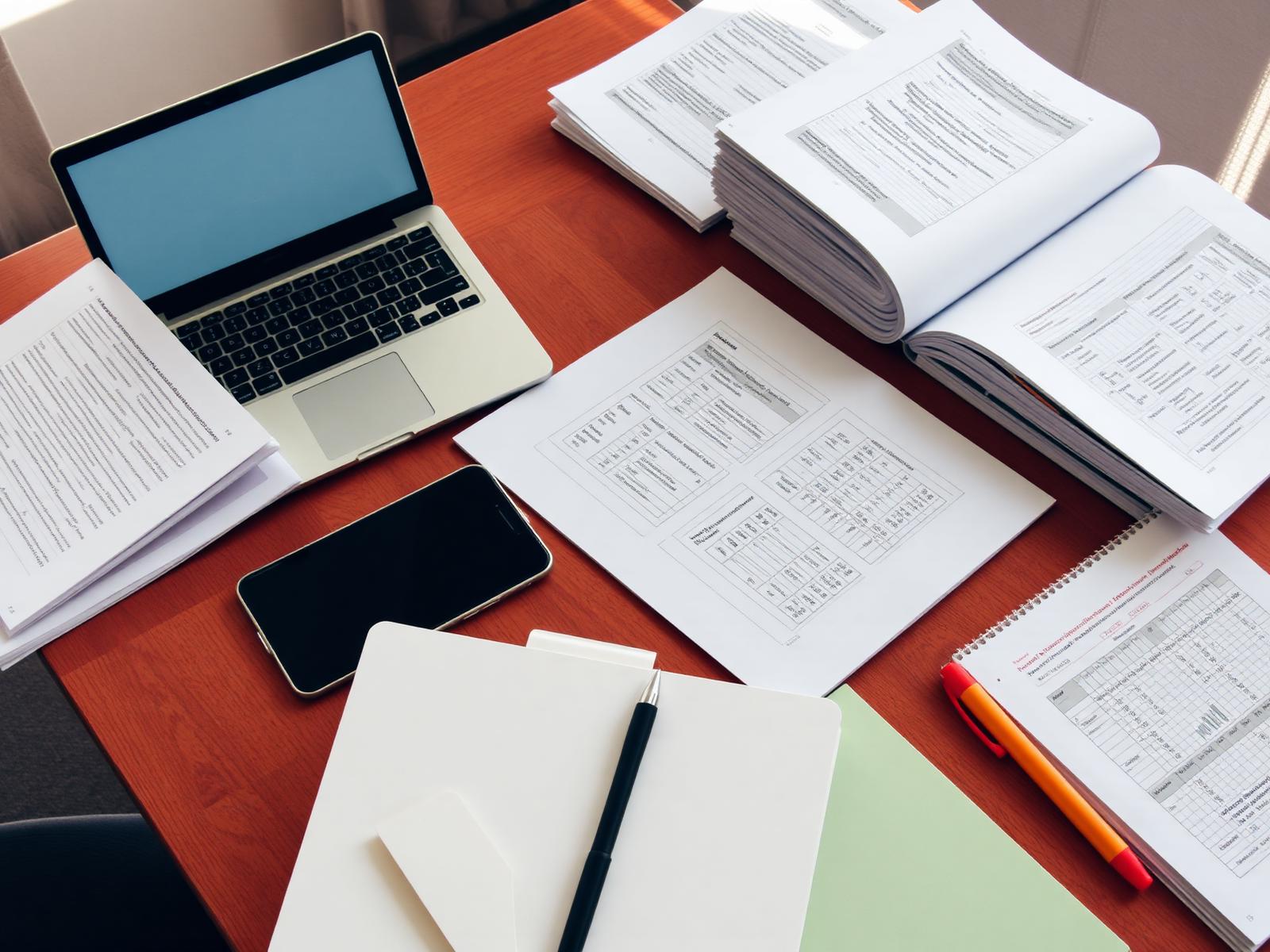 Notebook, apostilas, planilhas impressas e materiais de estudo sobre a mesa