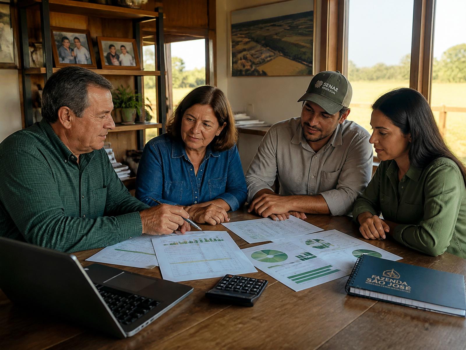 Família rural reunida analisando planejamento do negócio