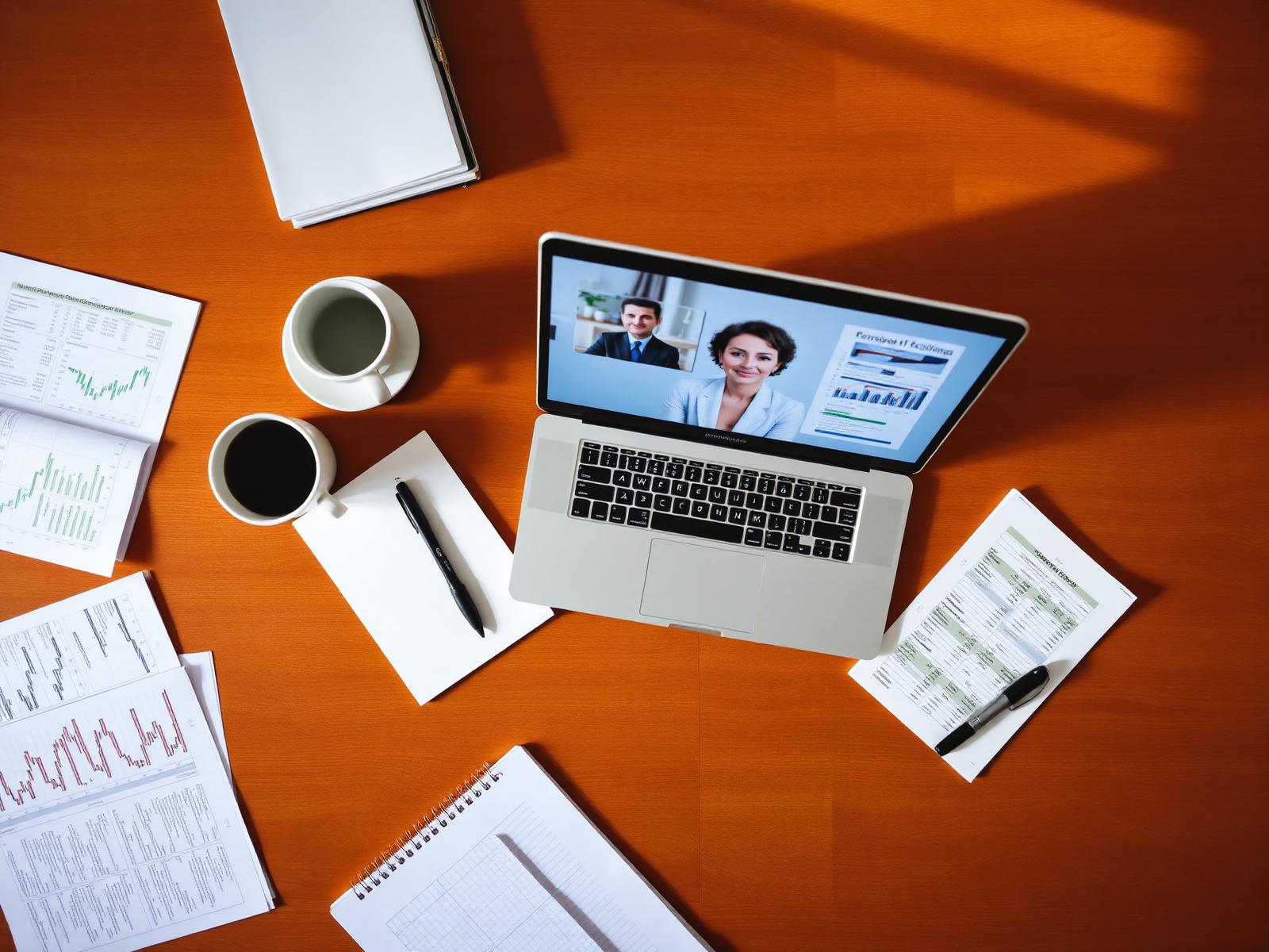 Reunião online com notebook aberto e documentos financeiros sobre a mesa