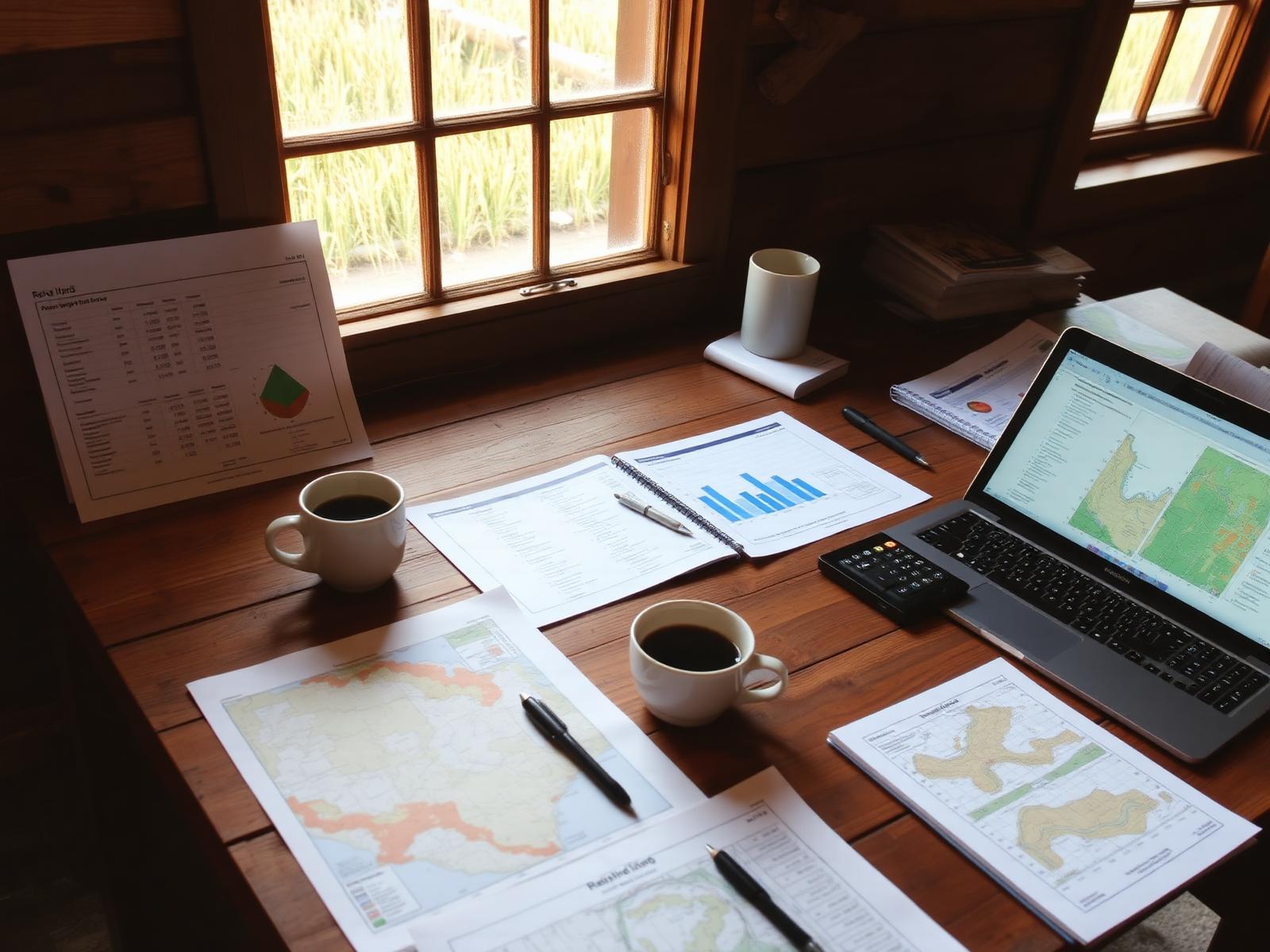 Mesa de trabalho rural com relatórios financeiros, mapas, notebook, calculadora e café